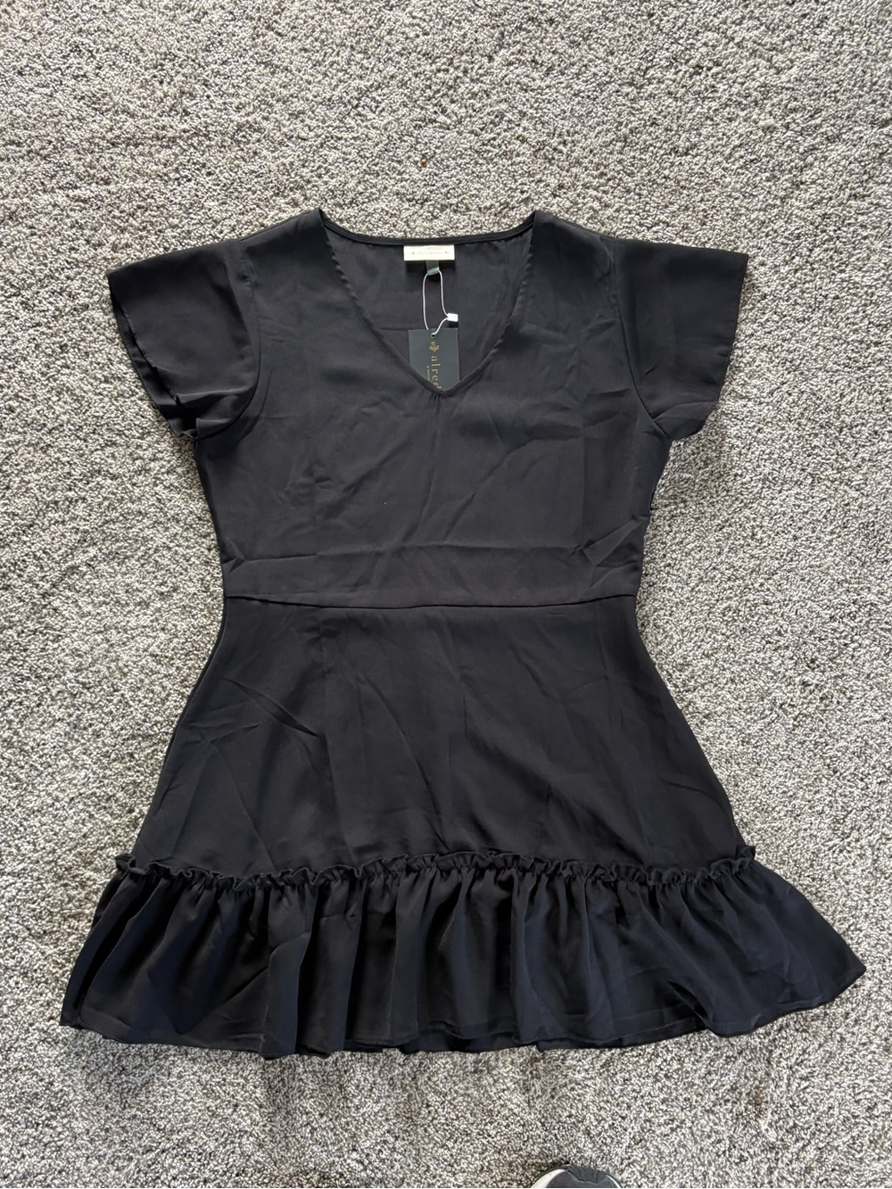 Black Ruffle-Hem V-Neck Dress